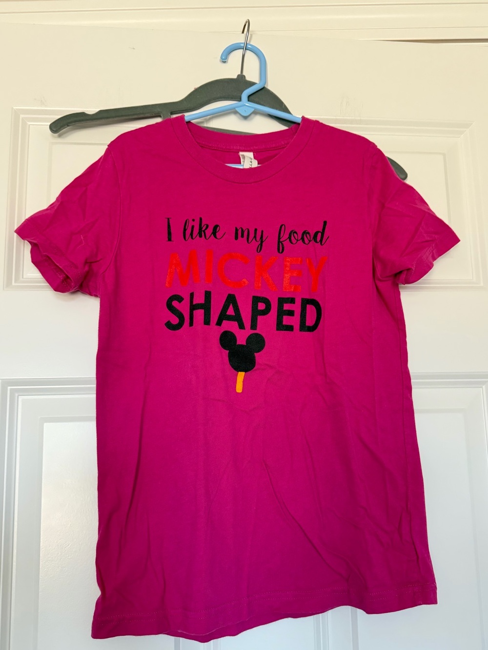Kids Disney tshirt small shop design I like my food Mickey shaped size M pink
